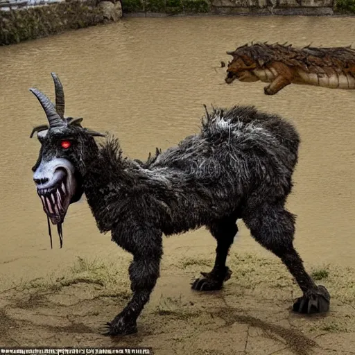 Image similar to horror, a monstrous mutant goat creature is galloping across a muddy medieval village square in daylight, filthy matted fur, human eyes, disturbing, mutated, crocodile - like teeth