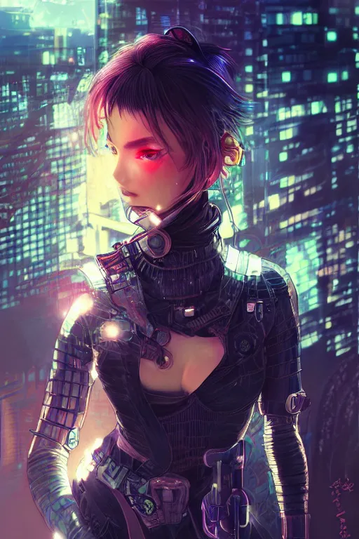 Image similar to portrait futuristic Ninja Girl, in future cyberpunk tokyo rooftop , ssci-fi, fantasy, intricate, very very beautiful, elegant, neon light, highly detailed, digital painting, artstation, concept art, smooth, sharp focus, illustration, art by WLOP and tian zi and alphonse mucha