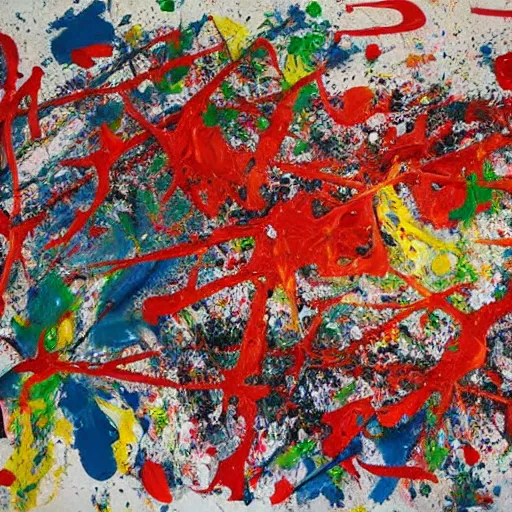 Image similar to a painting with lots of paint splattered on it, an abstract painting by pollock, pixiv, gutai group, artwork, academic art, official art