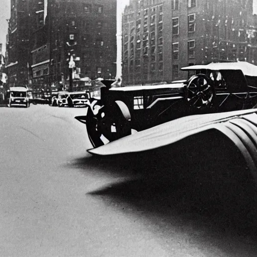 Image similar to old black and white photo, 1 9 1 3, depicting batman's batmobile from dark knight rampaging through the bustling streets of new york city, rule of thirds, three - point perspective, historical record