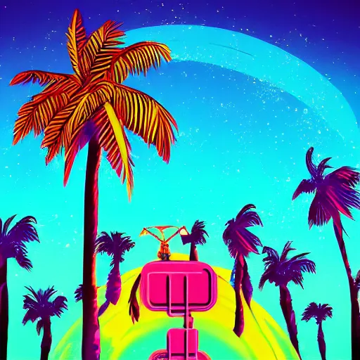 Prompt: Retrofuturistic landscape, retrowave, synthwave, palm tree, colorful, digital painting, album cover