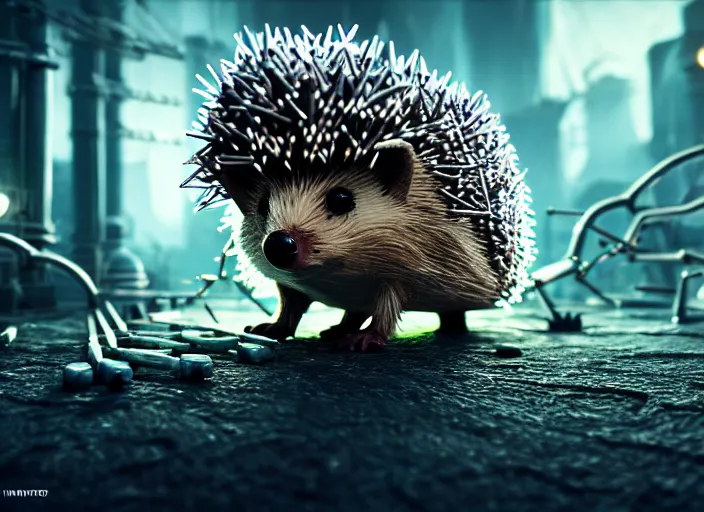 Image similar to intricate hedgehog with nails instead of needles, on the background of a weird magical mechanical forest. Very detailed 8k. Fantasy cyberpunk horror. Sharp. Cinematic post-processing. Unreal engine. Nanite. Ray tracing. Parallax. Tessellation