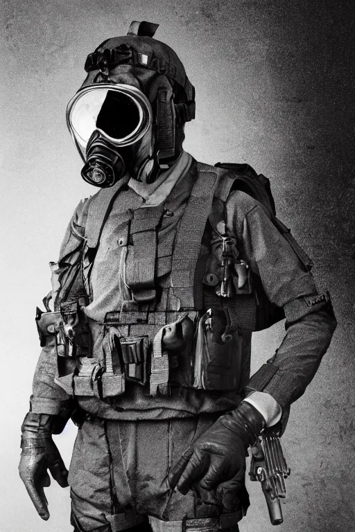 Image similar to british sas operative with the standard s 1 0 gas mask and the black uniform, 8 0 s, artstation, trending on artstation, establishing shot