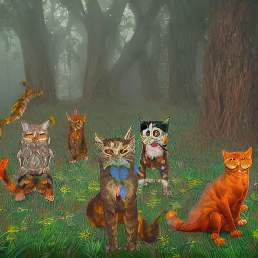 Image similar to A series of angry cats fighting with phoenix dogs in a murky forest with volumetric fog in the style of louis wain high detail trending on artstation octane render impasto