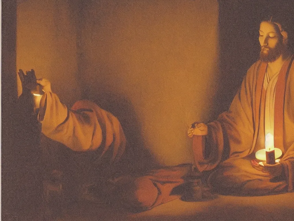 Image similar to Jesus sitting on the ground in a Zen temple. Candle light, small statue with the Buddha. Painting by Georges de la Tour.