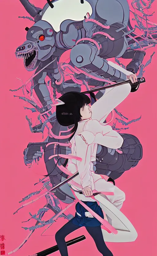 Image similar to Artwork by James Jean, Phil noto and hiyao Miyazaki ; a young Japanese future samurai police girl named Yoshimi battles an enormous looming evil natured carnivorous pink robot on the streets of Tokyo; Japanese shops and neon signage; crowds of people running; Art work by hiyao Miyazaki, Phil noto and James Jean