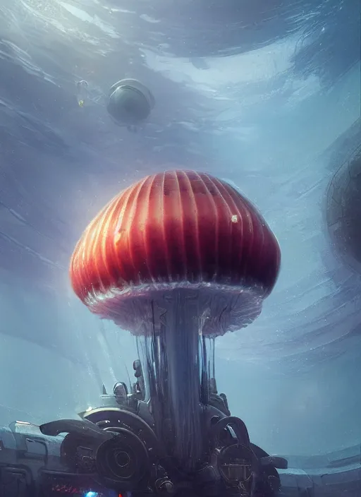 Image similar to jellyfish alien vehicle, sparks, ultra realistic, underwater temple, cinematic lighting, machines, highly detailed, sharp focus, artstation, masterpiece, art by greg rutkowski