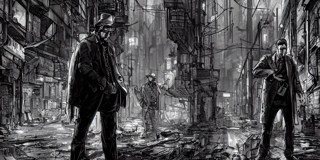 Image similar to a haggard detective in a trenchcoat scanning a crimescene in a dystopian cyberpunk alley, sketchy artstyle, digital art, dramatic, thick lines, rough lines, line art, cinematic, trending on artstation