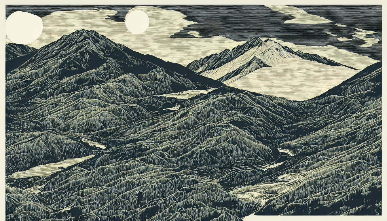 Image similar to olympic national park by dan mumford and peter doig and edward hopper, symmetrical, minimal, black ink, thick lines highly detailed, muted colours 8 k