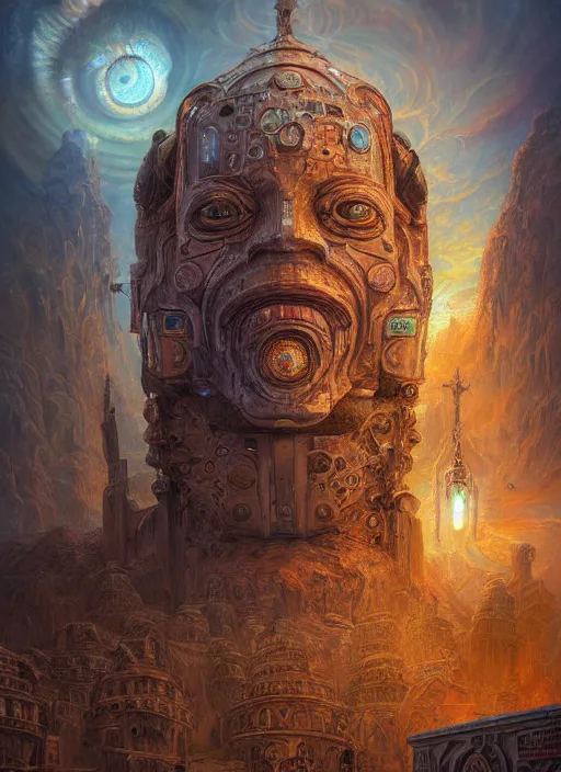 Prompt: Melting ancient robot with cathedral ornametations, extremly detailed digital painting, vibrant colors, in the style of Tomasz Alen Kopera and Fenghua Zhong and Peter Mohrbacher, mystical colors, rim light, beautiful lighting, 8k, stunning scene, raytracing, octane, trending on artstation