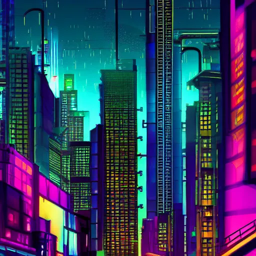 Prompt: Neon cyber city, bright, tall buildings, night time, digital painting, concept art, sharp focus, pixiv, artstation, 4k, by Robert Del Naja and Chris Cunningham and Andrew Jones