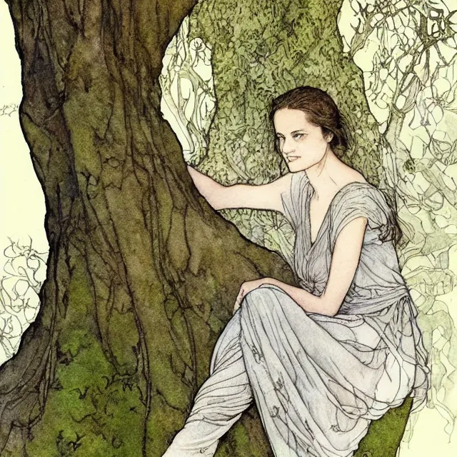 Image similar to a detailed, intricate watercolor and ink portrait illustration with fine lines, of a lovely, pretty, young alicia vikander with a detailed face in a dress sitting on the mossy ground reading under a gnarled tree, by arthur rackham and edmund dulac and ted nutall and mucha