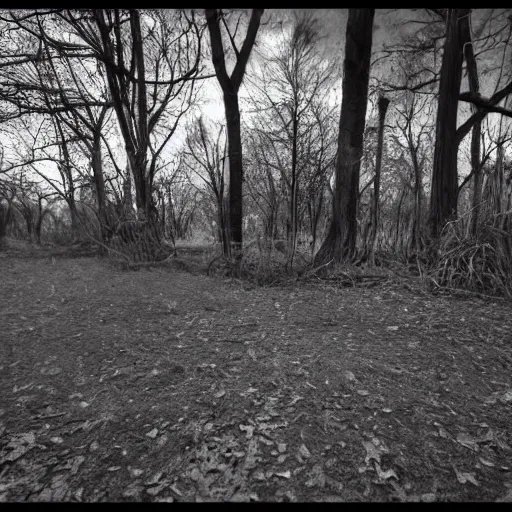 Prompt: clowns hiding behind trees trailcam 4 k hyper realistic night