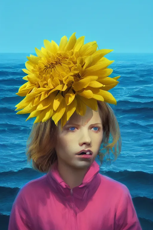 Image similar to closeup girl with huge yellow dahlia flower face, on the beach, surreal photography, blue sky, sunrise, dramatic light, impressionist painting, digital painting, artstation, simon stalenhag