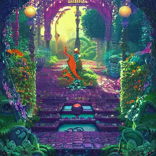 Image similar to dreamlike pixelart garden fantasycore , glossy painting, Art Nouveau Cosmic 4k Detailed Matte Illustration featured on Getty Images ,CGSociety, Jade and Carrot orange color scheme, Pastiche by Marc Simonetti, Pastiche by Cedric Peyravernay