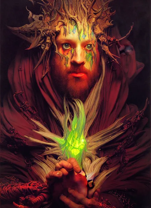 Image similar to wizard casting acid splash, dnd character art portrait, dark fantasy art, intricate fantasy painting, dramatic lighting, vivid colors, deviantart by edgar maxence and caravaggio and michael whelan and delacroix.