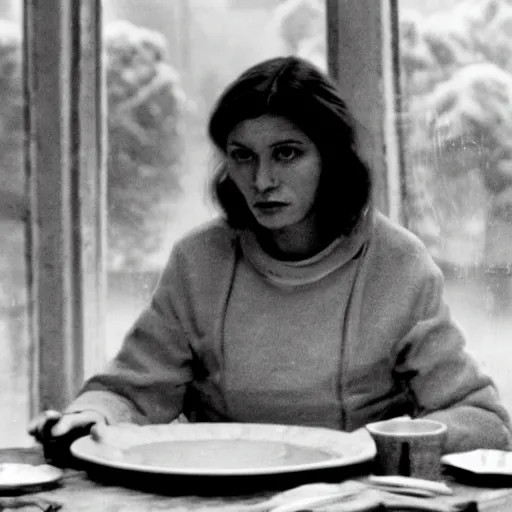 Image similar to film still of soviet movie still a soviet woman sitting at a table next to the window with food, dark warm light, a character portrait by margarita terekhova, movie stalker solaris film still by andrei tarkovsky, 8 k, close - up bokeh, gelios lens, color, noir