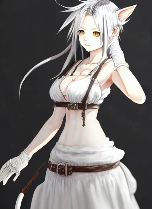 Image similar to a portrait of nekomimi wearing white dress an ultrafine detailed painting, detailed painting, detailed eyes!!, final fantasy octopath traveler realistic hands ghibly