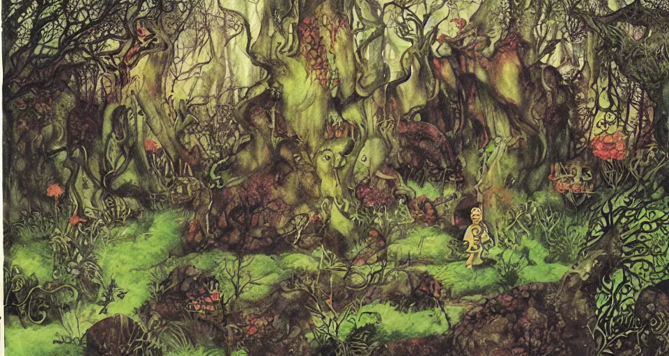 Prompt: Enchanted and magic forest, by Raymond Briggs