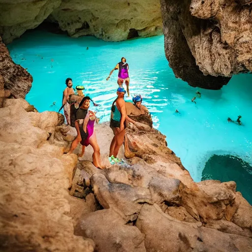 Image similar to photo of spelunkers exploring a beautiful majestic cave full of geodes, crystals, and gemstones. there is a natural pool of turquoise water. professional journalistic photography from national geofraphic.