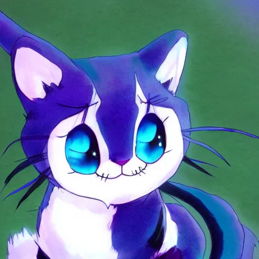 Prompt: a cute bluish black cheshire cat by makoto shinkai