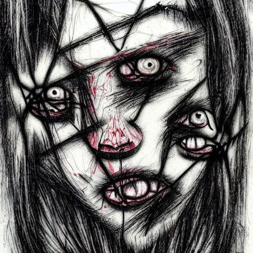 prompthunt: multiple faces shredded like paper news scared, dark horror,  surreal, drawing, painting