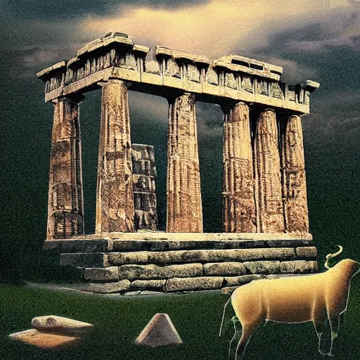 Prompt: a photograph of an ancient greek temple, surrounded by flying air bisons, dreamy, blooming ecosystem,