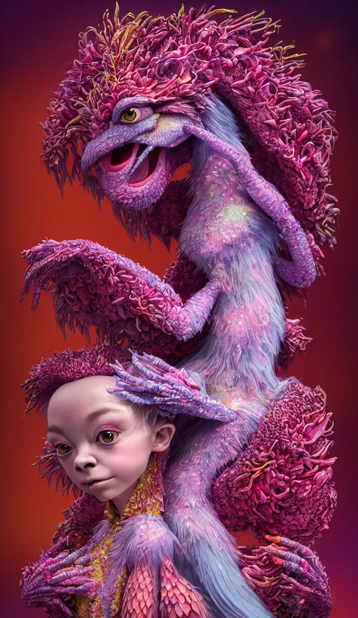 Prompt: hyper detailed 3d render like a Oil painting - kawaii portrait of one Aurora (a beautiful skeksis muppet fae queen from dark crystal that looks like Anya Taylor-Joy) seen red carpet photoshoot in UVIVF posing in scaly dress to Eat of the Strangling network of yellowcake aerochrome and milky Fruit and His delicate Hands hold of gossamer polyp blossoms bring iridescent fungal flowers whose spores black the foolish stars by Jacek Yerka, Ilya Kuvshinov, Mariusz Lewandowski, Houdini algorithmic generative render, Abstract brush strokes, Masterpiece, Edward Hopper and James Gilleard, Zdzislaw Beksinski, Mark Ryden, Wolfgang Lettl, hints of Yayoi Kasuma and Dr. Seuss, octane render, 8k