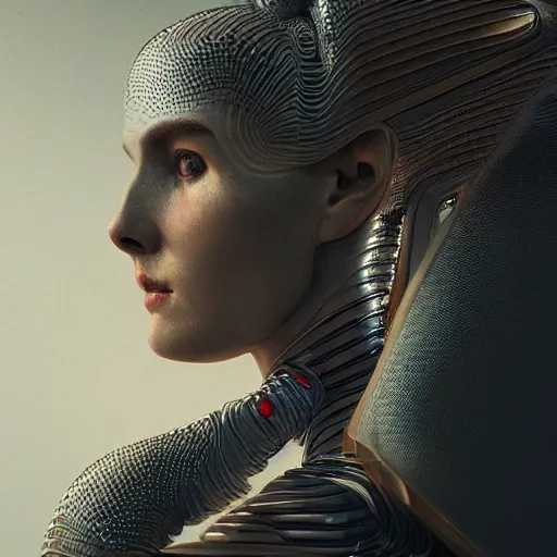 Image similar to portrait of a woman wearing a science fiction suit, technology, sci fi, beautiful detailed intricate insanely detailed octane render, 8K artistic photography, photorealistic, chiaroscuro, by Raphael, Caravaggio, directed by Denis Villeneuve