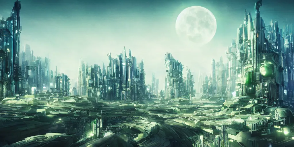 Image similar to human futuristic city, highly detailed, epic, si - fi, green, two moon on the sky, 8 k, sharp focus,