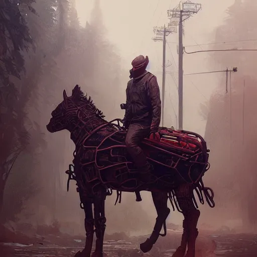 Image similar to photo of VAZ2105 mechanic horse as a loading screen, intricate, dystopian, sci-fi, extremely detailed, digital painting, artstation, concept art, smooth, sharp focus, illustration, intimidating lighting, incredible art by artgerm and greg rutkowski and alphonse mucha and simon stalenhag