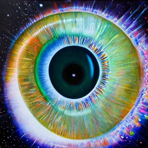 Prompt: a highly detailed photorealistic painting of a human eye reflecting outer space