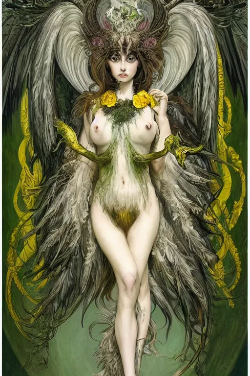 Prompt: highly detailed, intricate stunning image of harpy angel girl, feathered long hair, talons, claws, green and yellow palette, horns, bones in style of alfonson mucha, grey and white, pale, stunning atmosphere, animal and monster by h. r. giger and peter mohrbacher