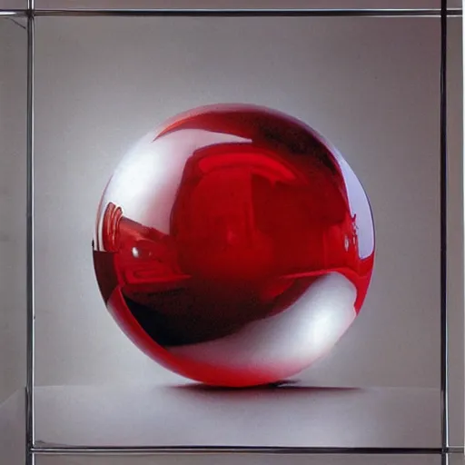 Prompt: chrome spheres on a red cube by michael parkes