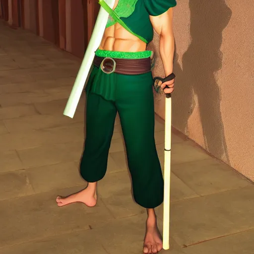 Image similar to A full portrait photo of real-life zoro one piece, f/22, 35mm, 2700K, lighting.