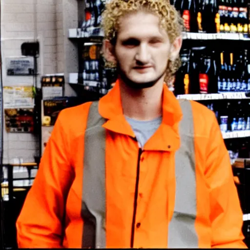 Image similar to layne staley working as a grocery store cart attendant and wearing an orange hivis vest