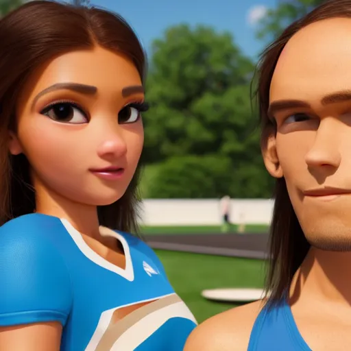 Prompt: young beautiful athletic Filipino woman with long hair standing beside a handsome caucasian athletic thin man with very short buzzed hair, balding, stubble on his face, blue eyes, they are posing, depicted as adult Pixar characters, high quality cg render, 4k