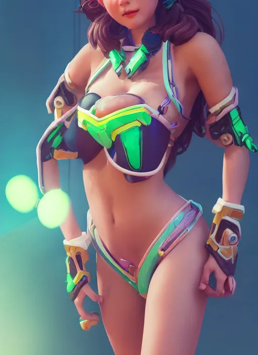 Image similar to d. va from overwatch in a plastic bikini, hyper detailed, digital art, trending in artstation, cinematic lighting, studio quality, smooth render, unreal engine 5 rendered, octane rendered, art style by klimt and nixeu and ian sprigger and wlop and krenz cushart