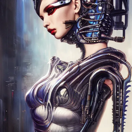 Image similar to a full body beautiful woman wearing a cyberpunk outfit by karol bak, ayami kojima, artgerm, sakimichan, hr giger, blue eyes, weapons, electronics, high tech, cyber wear, latex dress, bandage, concept art, fantasy, cyberpunk