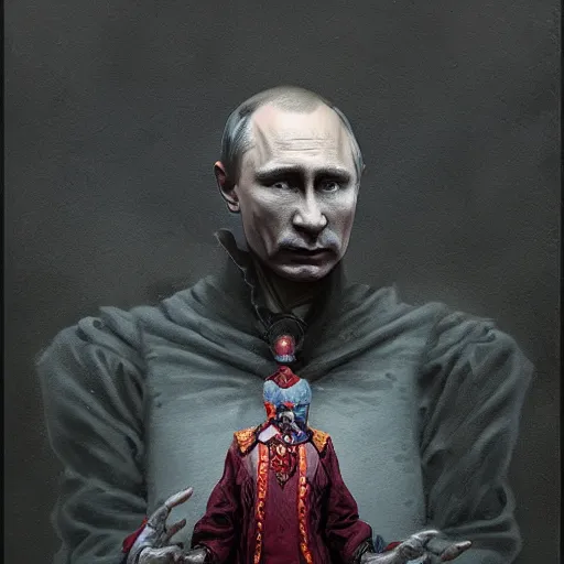 Prompt: vladimir putin is jester in circus, in lunatic asylum, intricate, highly detailed, smooth, artstation, painted by wayne barlowe, greg rutkowski, zdislav beksinski, francis bacon, horror