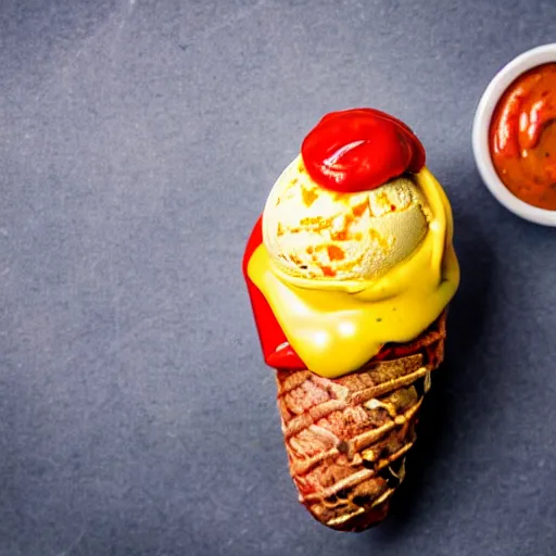 Image similar to commercial photo of a sausage ice cream, mustard, ketchup, relish