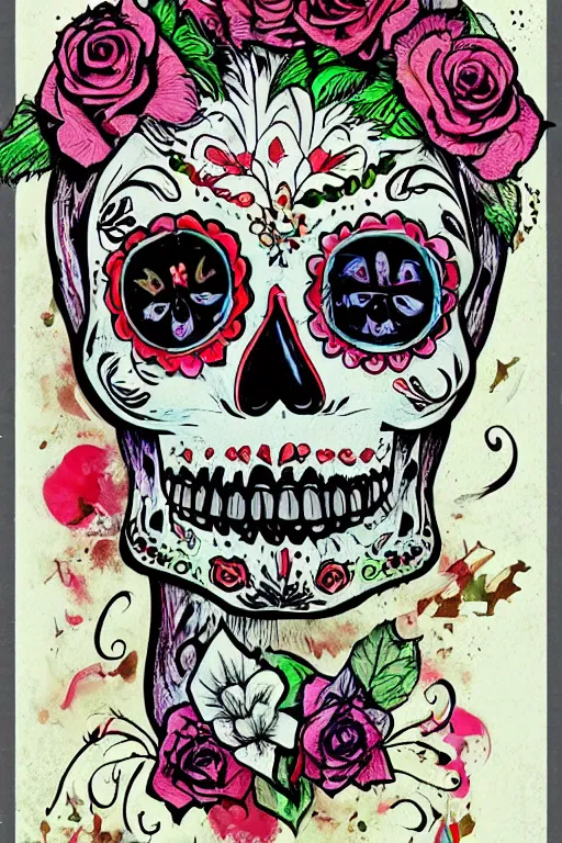 Image similar to illustration of a sugar skull day of the dead girl, art by ralph steadman