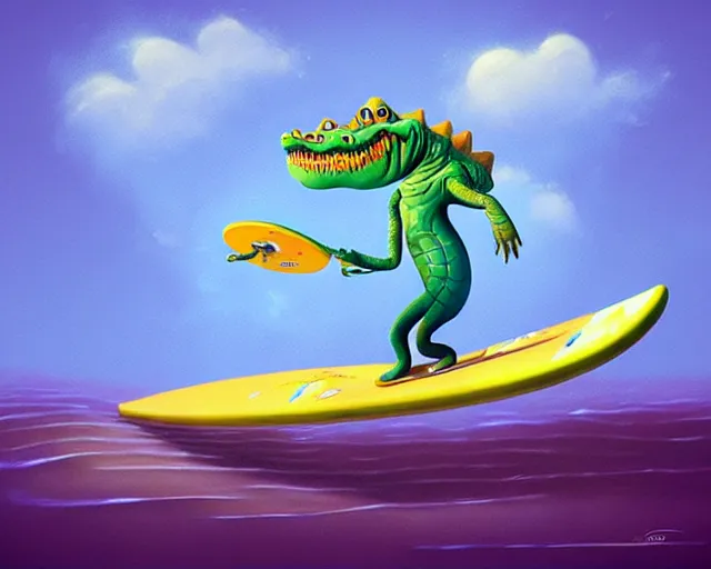 Prompt: a crocodile surfing on a longboard, tube wave, funny cartoonish, by gediminas pranckevicius h 7 0 4