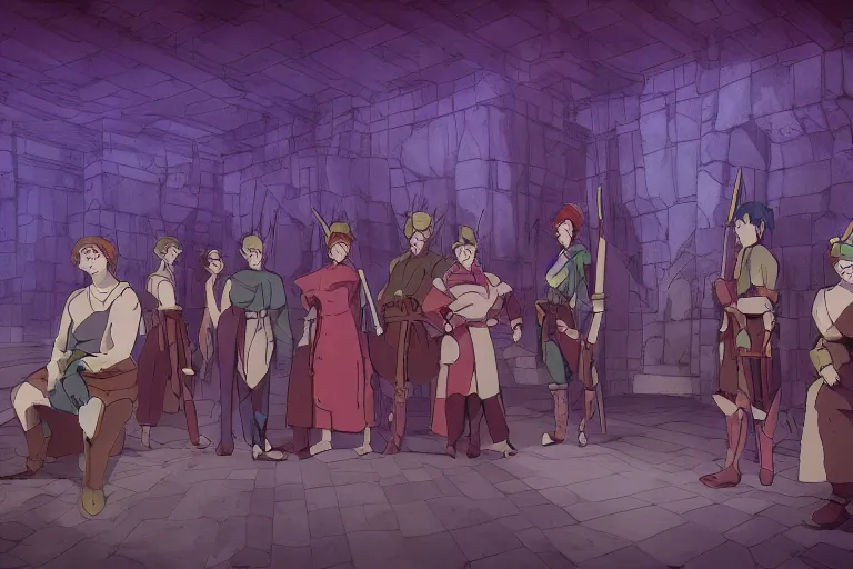 Prompt: cell shaded key visual of a group of adventurers in the throne room of the demon king, dramatic lighting, in the style of studio ghibli, moebius, makoto shinkai,