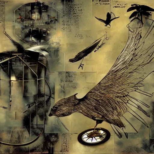 Image similar to a mechanical bird wanders between the virtual realms of urban informatics and computational social science, collage artwork by dave mckean and ivan shishkin and james jean