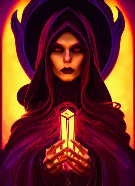 Prompt: side portrait, dark witch with black hood and evil eyes, gloomhaven, soft, smooth, luminescent, art nouveau tarot, backlit glow, colorful swirly ripples, gaudy colors, aesthetic octane render, unreal engine, 8 k, by artgerm, greg rutkowski, alphonse mucha