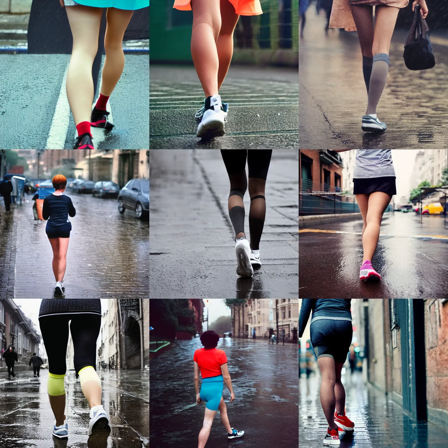 Prompt: A woman walking, tennis wear, short hair, tights; on the street, rain; 90's professional color photograph, close up, view from front,