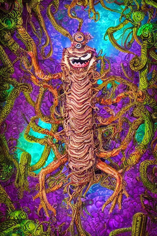 Image similar to creature sushi roots cactus elemental flush of force nature micro world fluo light deepdream a wild amazing steampunk baroque ancient alien creature, intricate detail, colorful digital painting radiating a glowing aura global illumination ray tracing