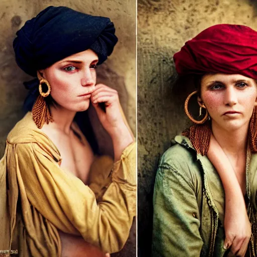 Prompt: Beautiful 19th Century Barbary Coast pirate female models with Ginger hair and Golden hooped earrings photography by Steve McCurry