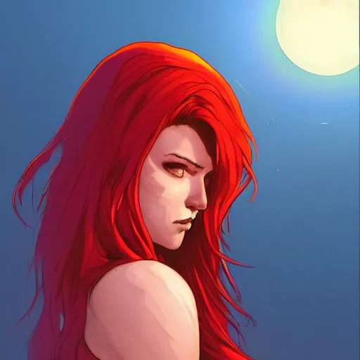 Prompt: a beautiful comic artwork by Jerome Opeña of a woman with red hair near a lake at night, featured on artstation